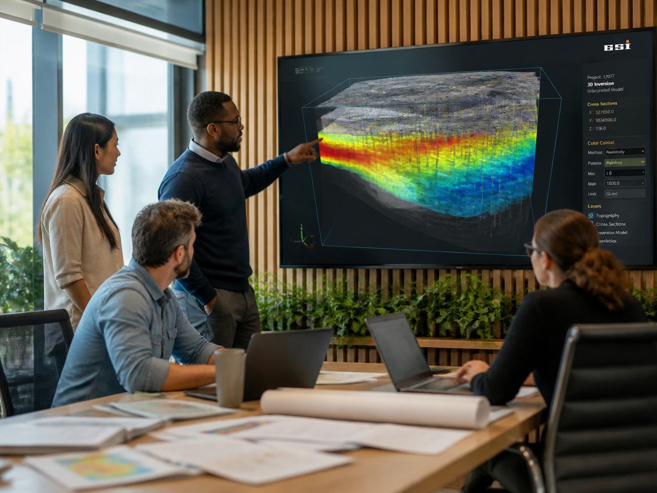 Decarb geoscientists reviewing a 3D subsurface inversion model